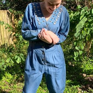 Vintage denim/chambray jumpsuit, size MED/LG.